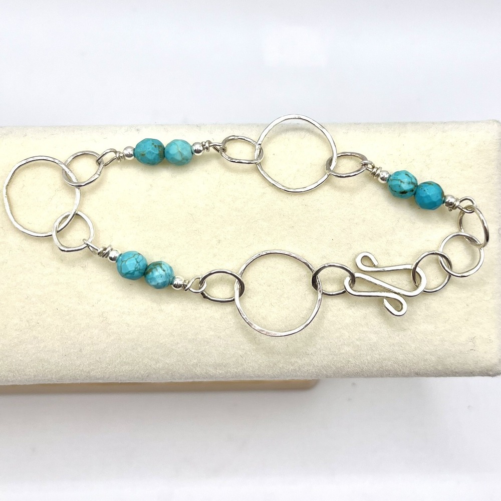 Sterling Silver 925 Turquoise Artisan Bracelet Hammered‎ Chain Link Modernist